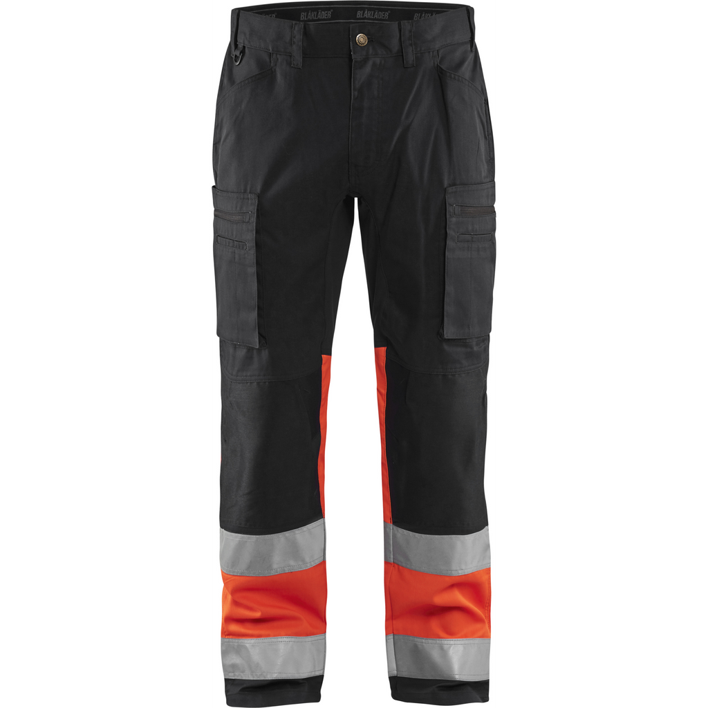 Blaklader High Vis Stretch Work Trousers, Black/High Vis Red