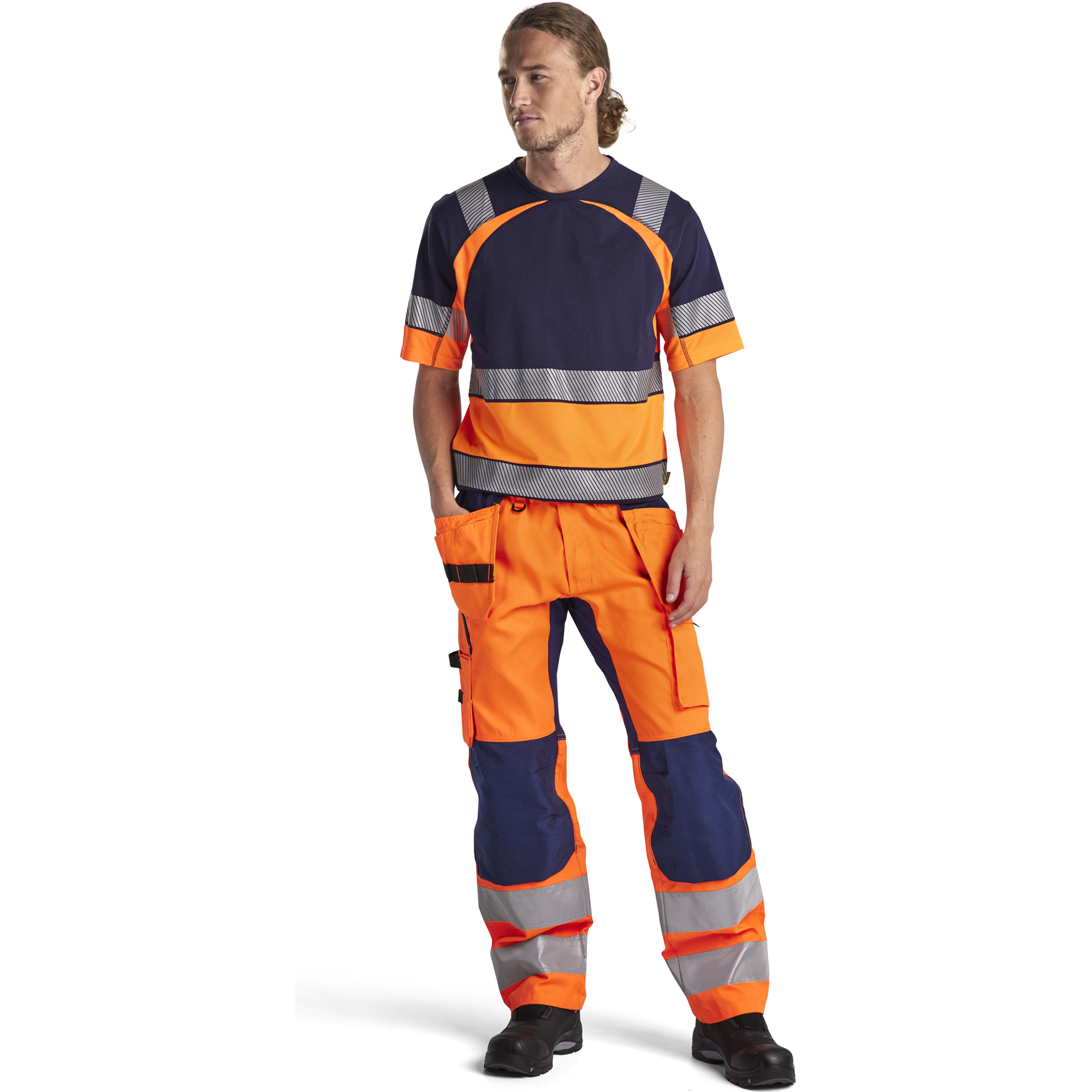 Blaklader High Vis Stretch Work Trousers, Orange/Navy Blue (4)