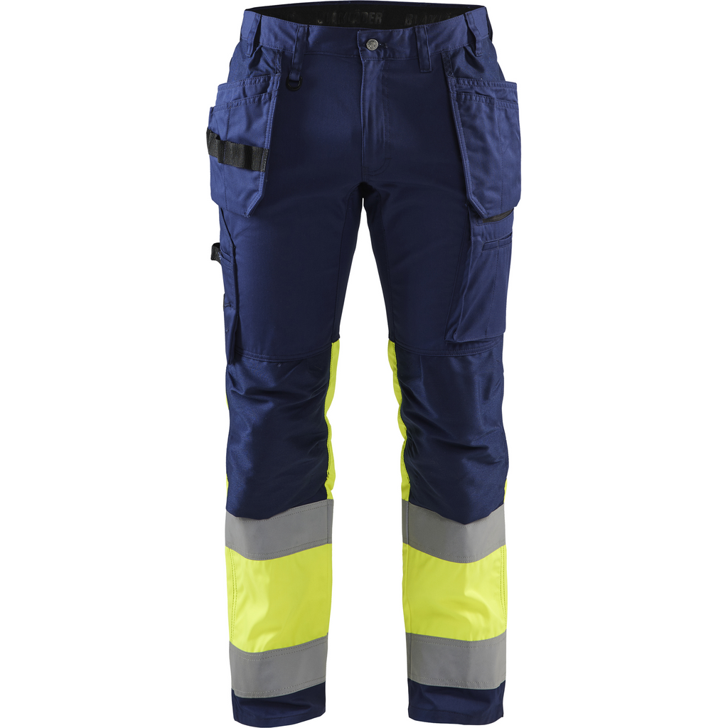 Blaklader High Vis Stretch Work Trousers, Navy Blue/ Yellow