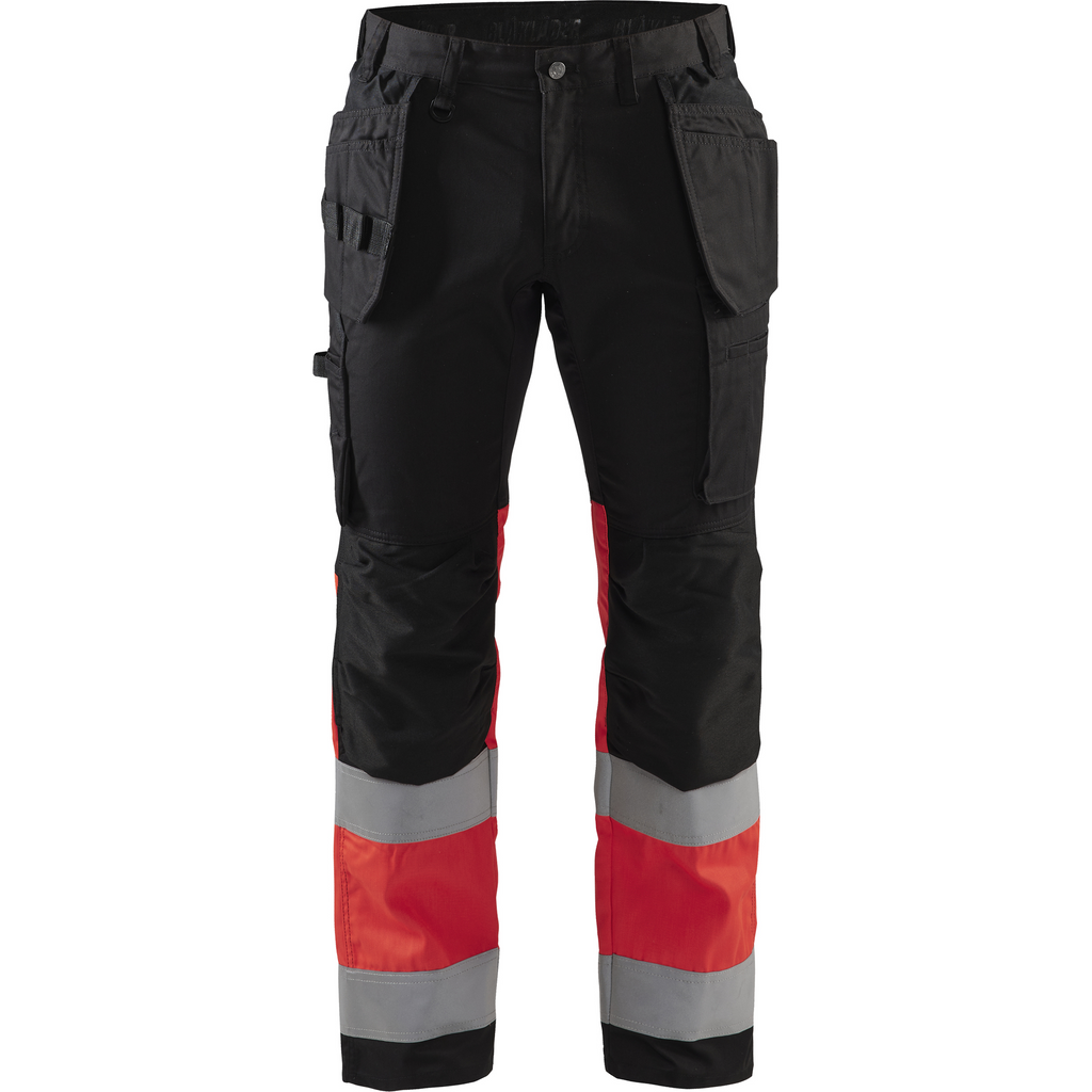 Blaklader High Vis Stretch Work Trousers, Black/High Vis Red