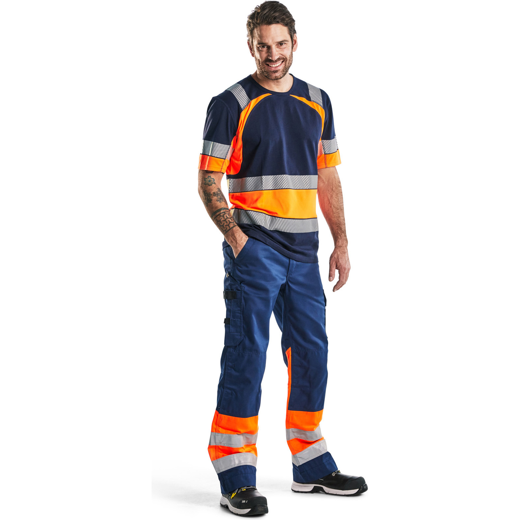 Blaklader High Vis Work Trousers, Navy Blue/Orange (4)