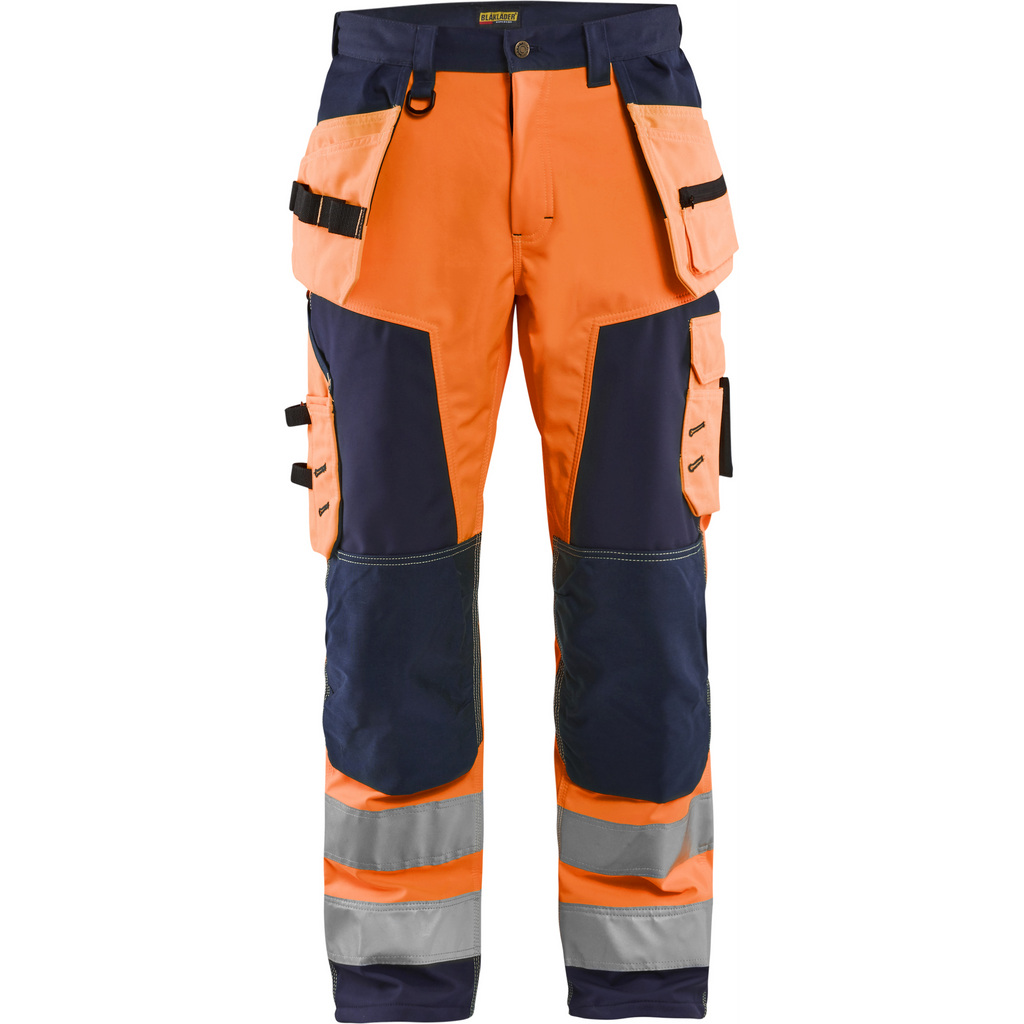 Blaklader High Vis Softshell Work Trousers, Orange/Navy Blue