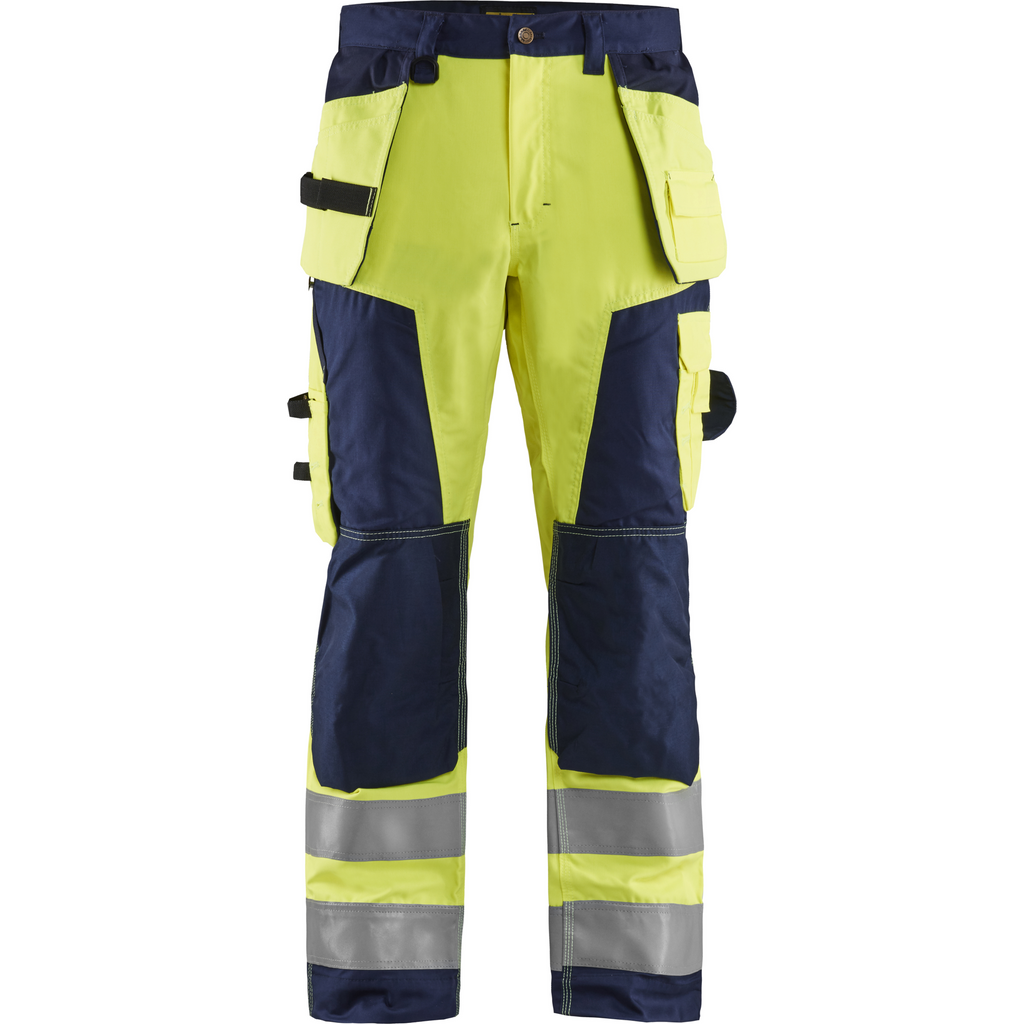 Blaklader High Vis Craftsman Work Trousers, Yellow/Navy Blue
