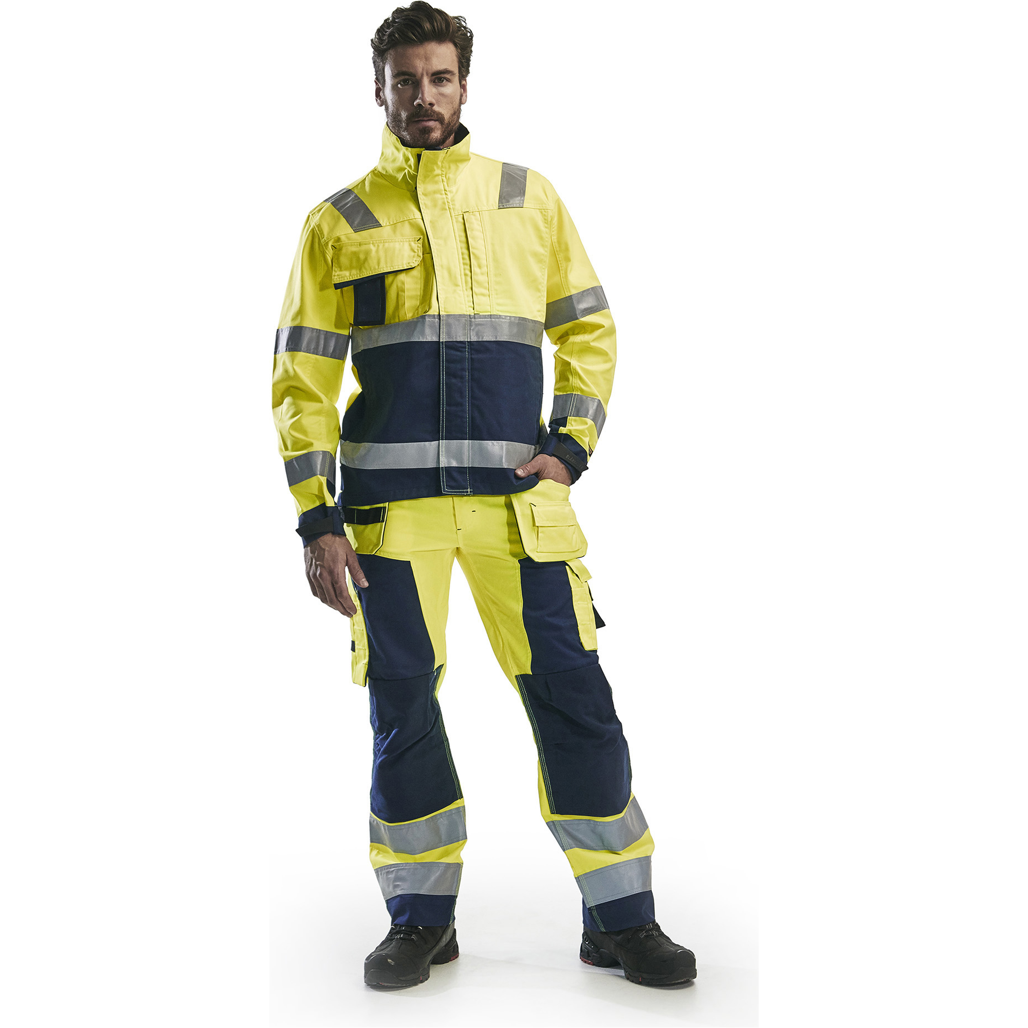 Blaklader High Vis Craftsman Work Trousers, Yellow/Navy Blue (5)
