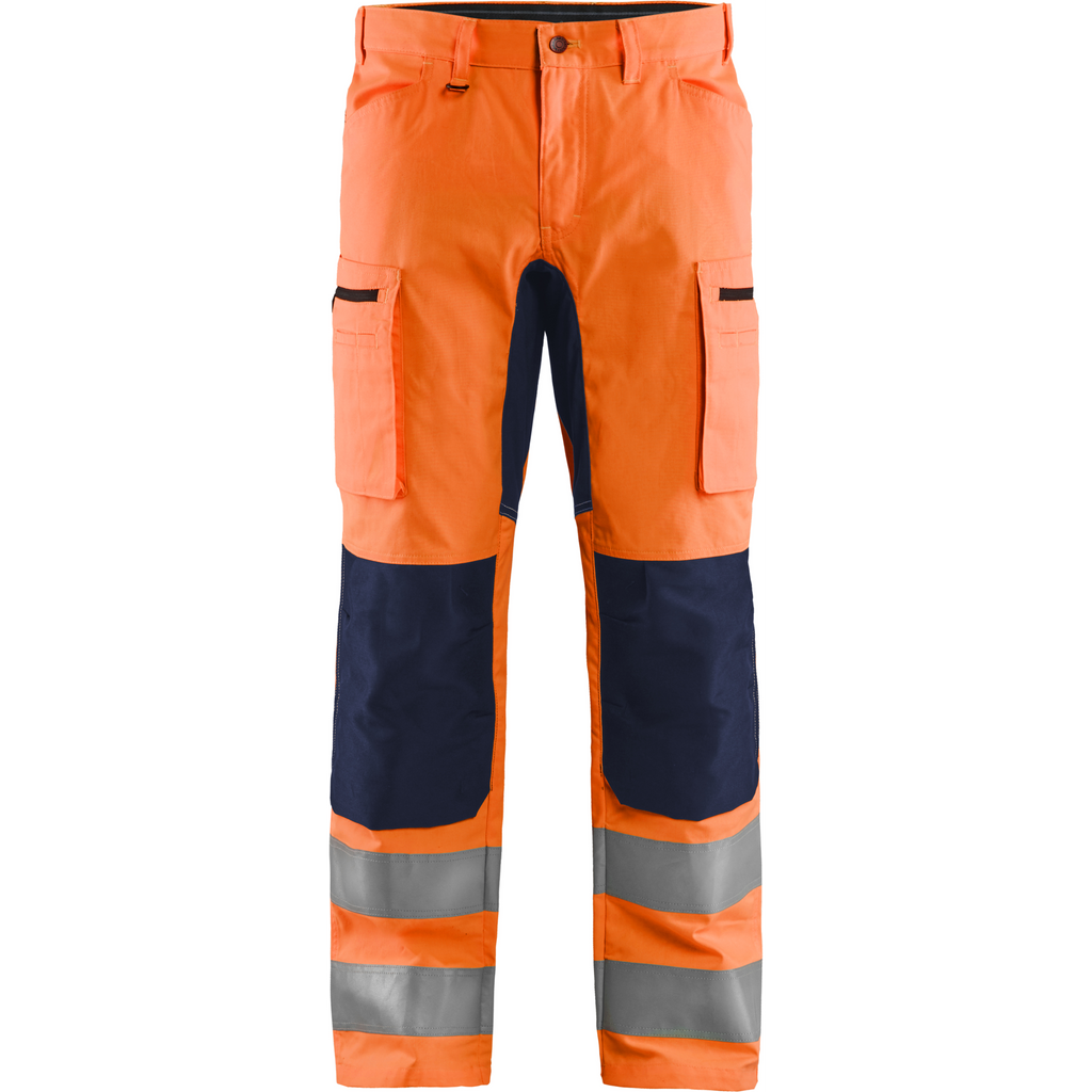 Blaklader High Vis Stretch Work Trousers, Orange/Navy Blue