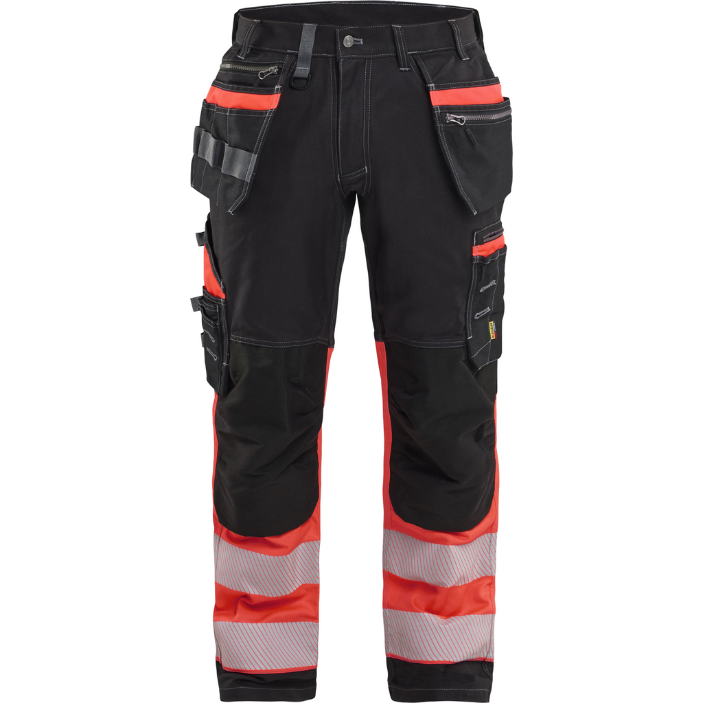Blaklader High Vis Stretch Work Trousers, Black/High Vis Red