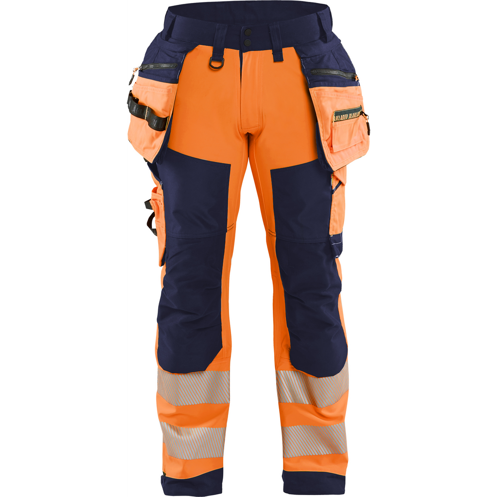 Blaklader High Vis Softshell Work Trousers, Orange/Navy Blue