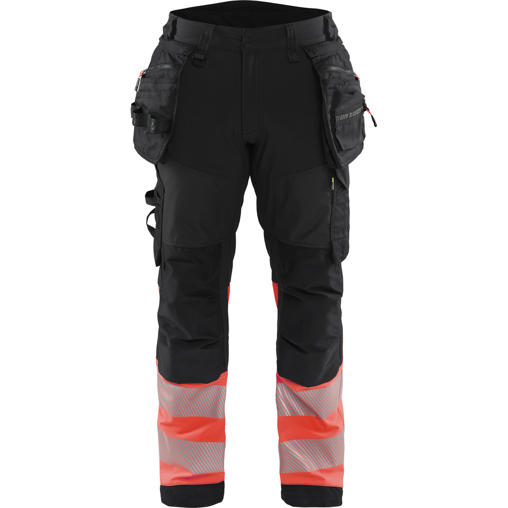 Blaklader High Vis Softshell Work Trousers, Black/High Vis Red