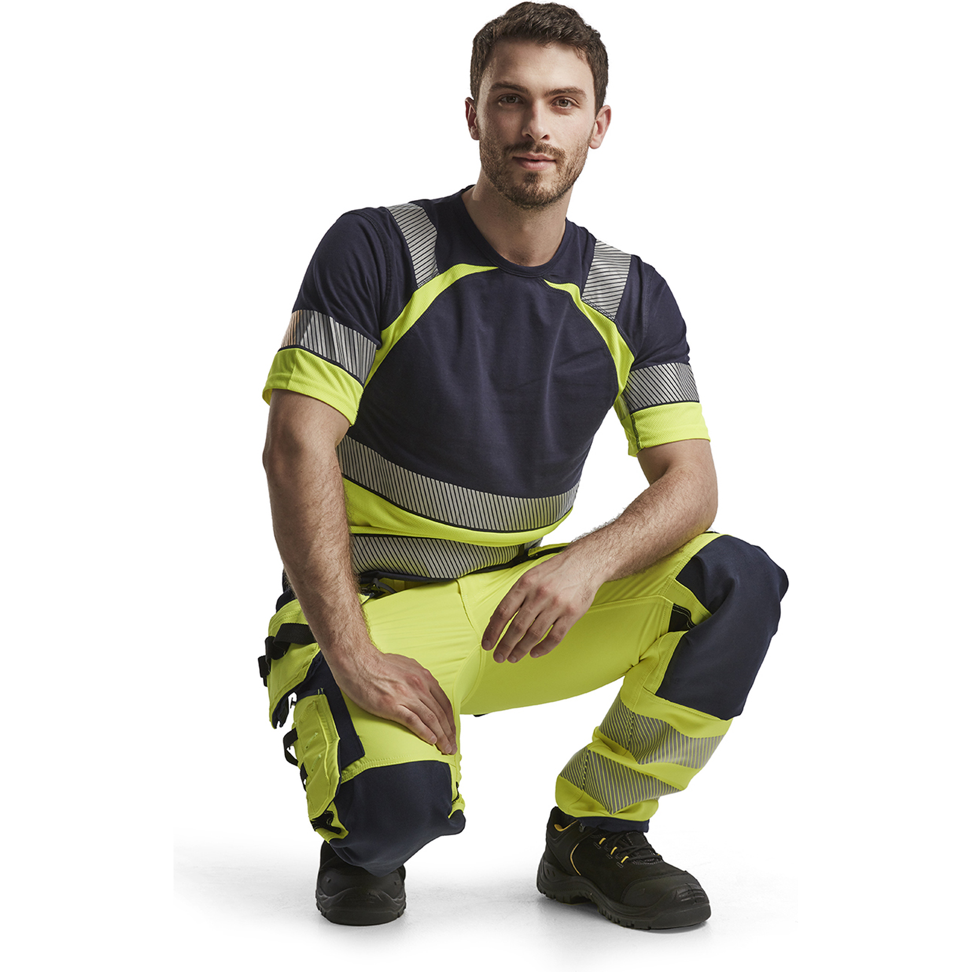 Blaklader High Vis 4-Way Stretch Work Trousers, Yellow/Navy Blue (7)