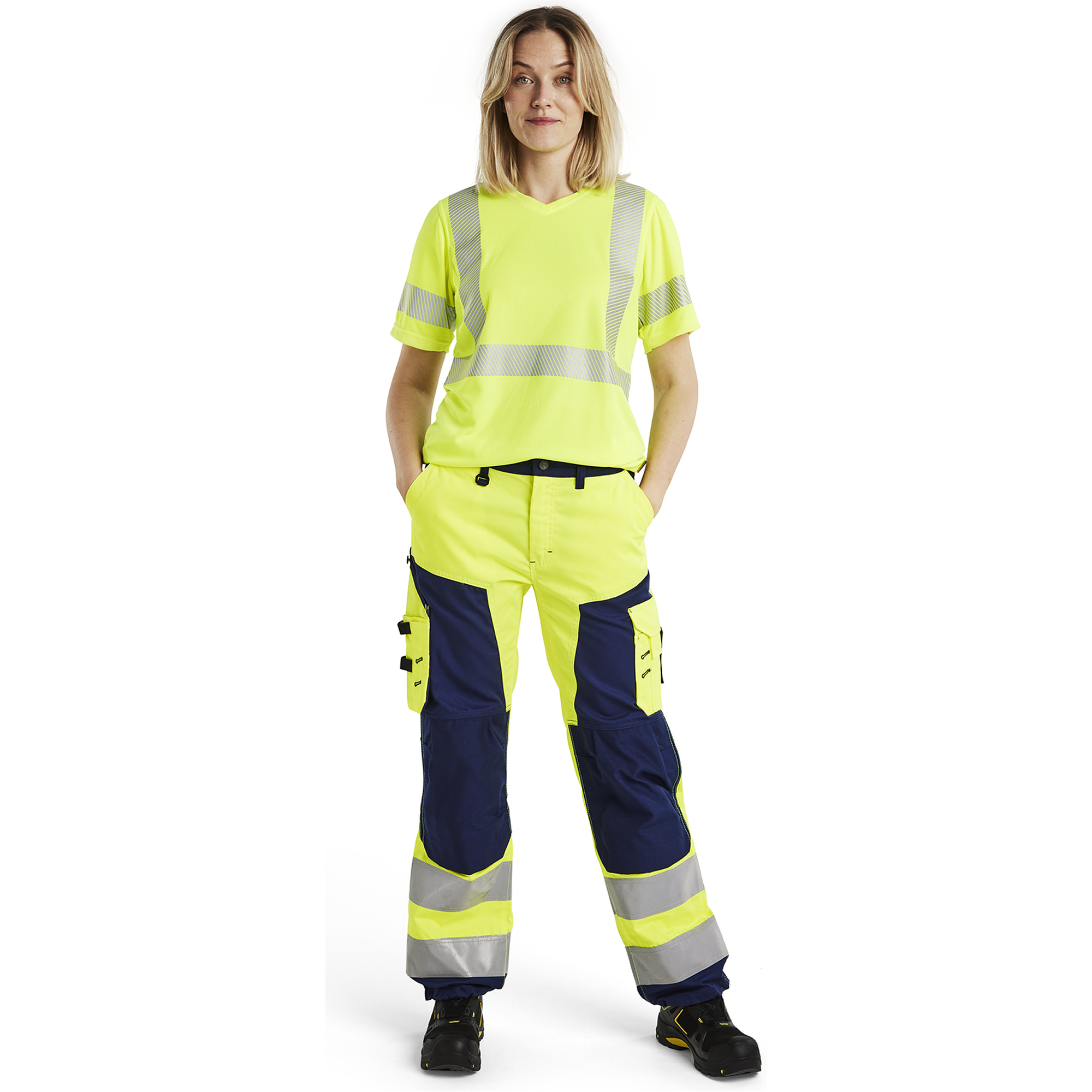 Blaklader High Vis Ladies Work Trousers, Yellow/Navy Blue (5)
