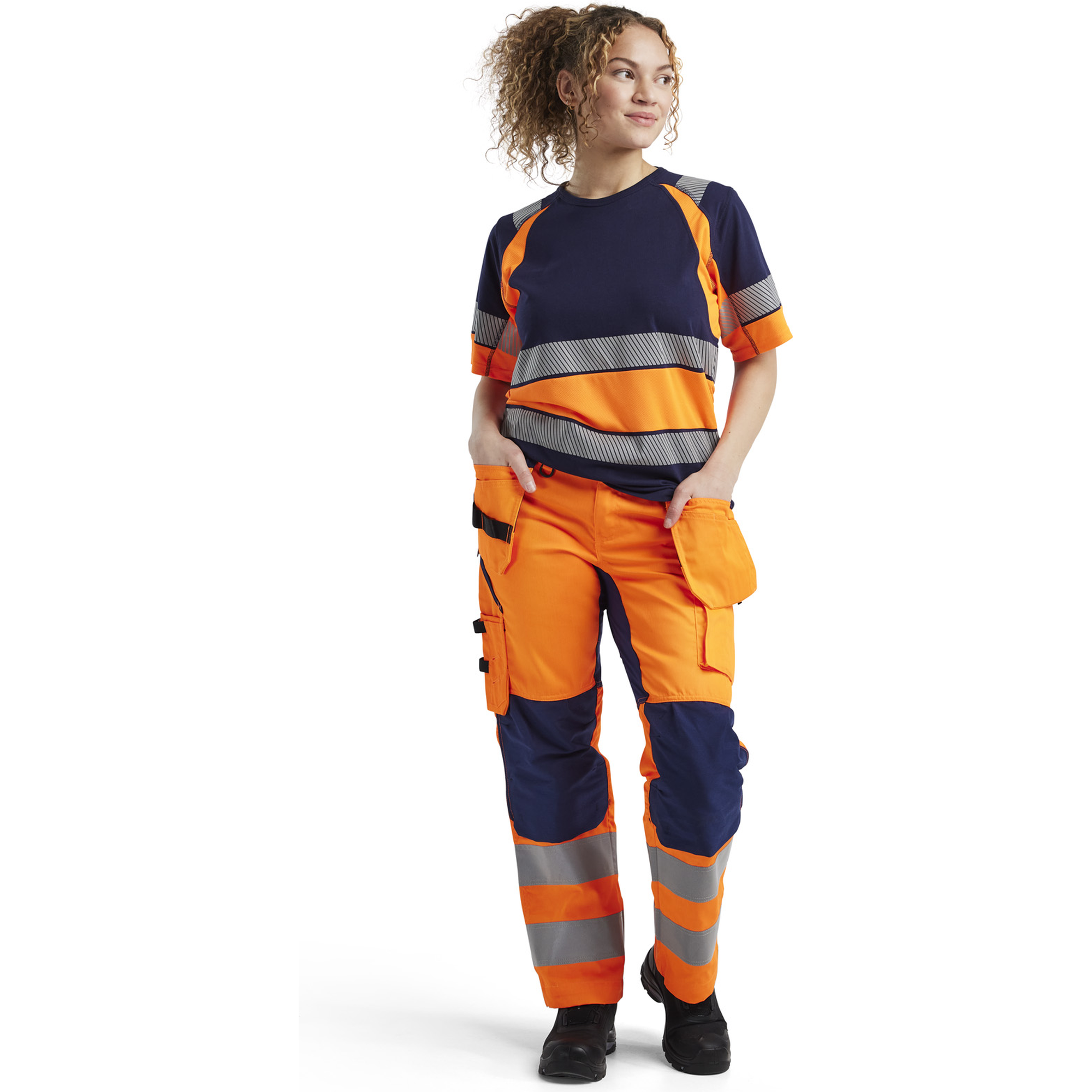 Blaklader High Vis Ladies Stretch Work Trousers, Orange/Navy Blue (5)