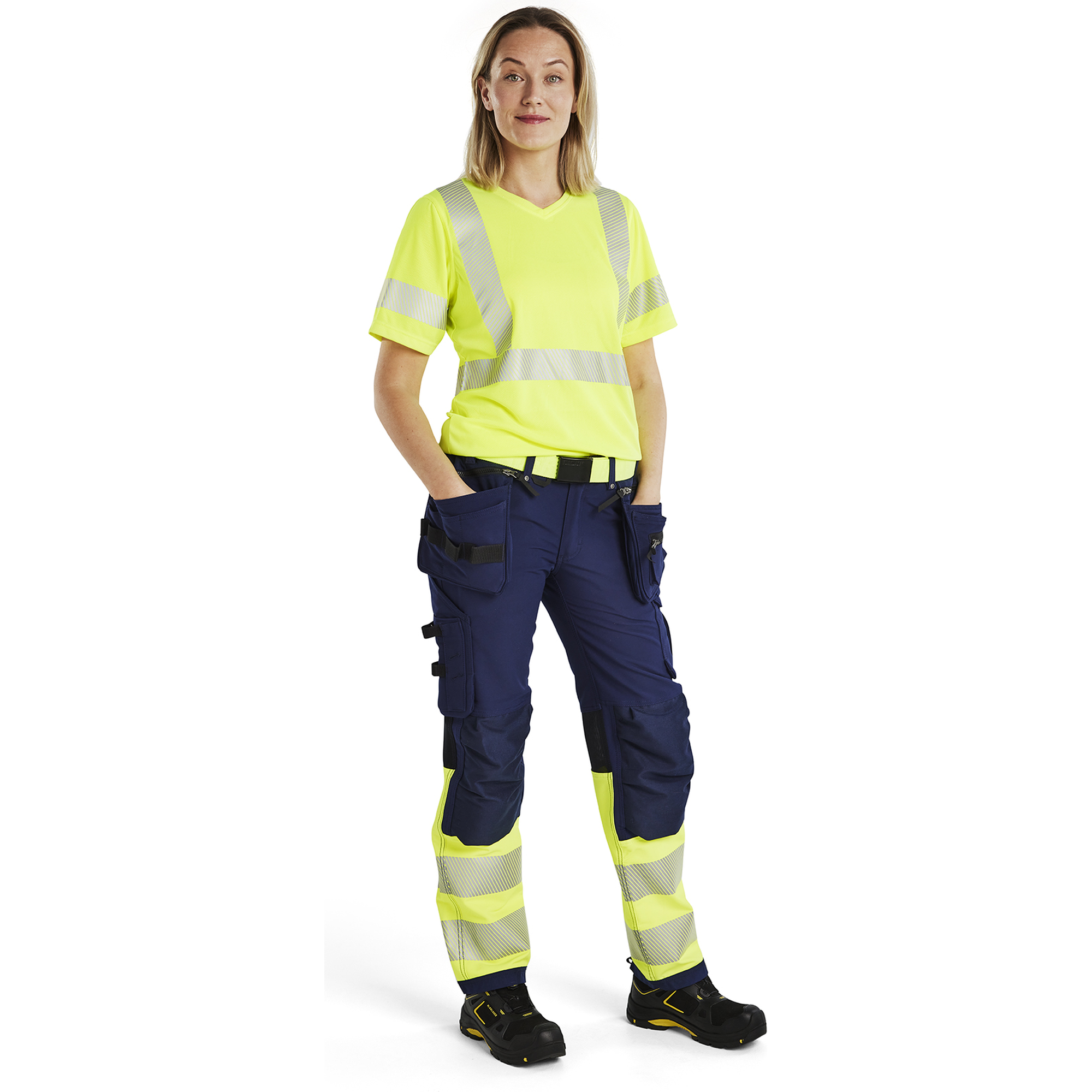 Blaklader High Vis Ladies 4-Way Stretch Work Trousers, Navy/Yellow (5)