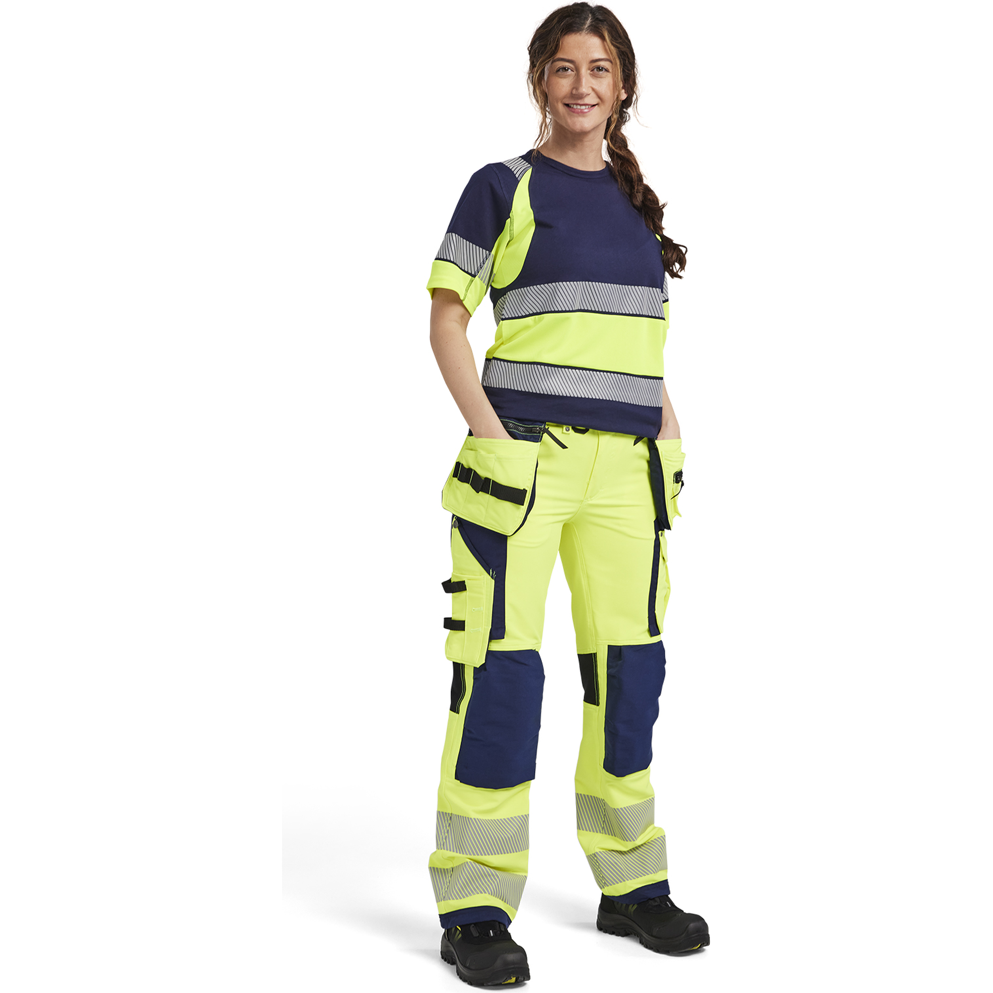 Blaklader High Vis Ladies 4-Way Stretch Work Trousers, Yellow/Navy Blue (5)